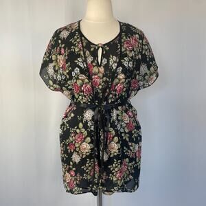 Vintage Lingerie Set Size Large Black Floral Sheer Chiffon Nightie Robe Negligee